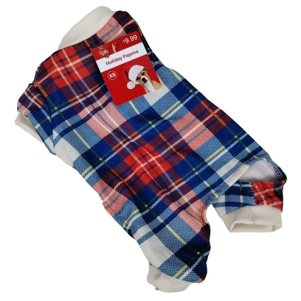 Pet Central Dog XS 8 inch Holiday Pajamas Blue and White Plaid